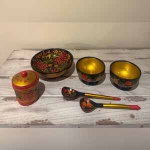 Vintage Russian Khokhloma Hand Painted Wood Folk Art USSR Lacquered Set